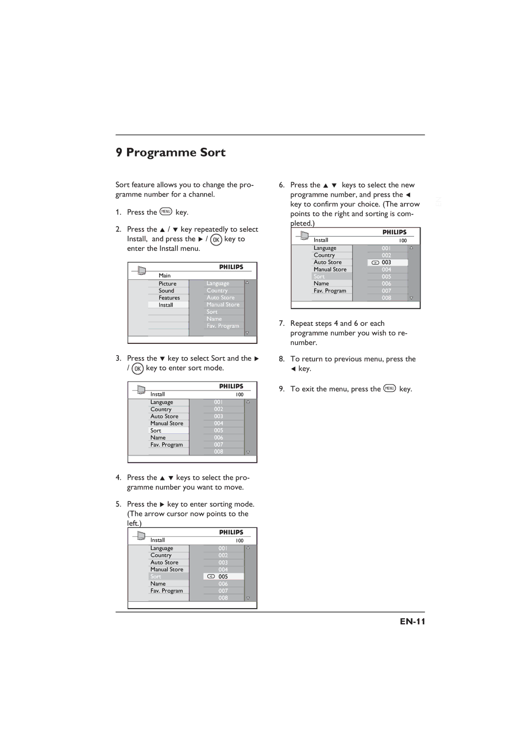 Philips 32PFL5332S, 32PFL3312S, 26PFL5322S, 26PFL3312S user manual Programme Sort, EN-11 