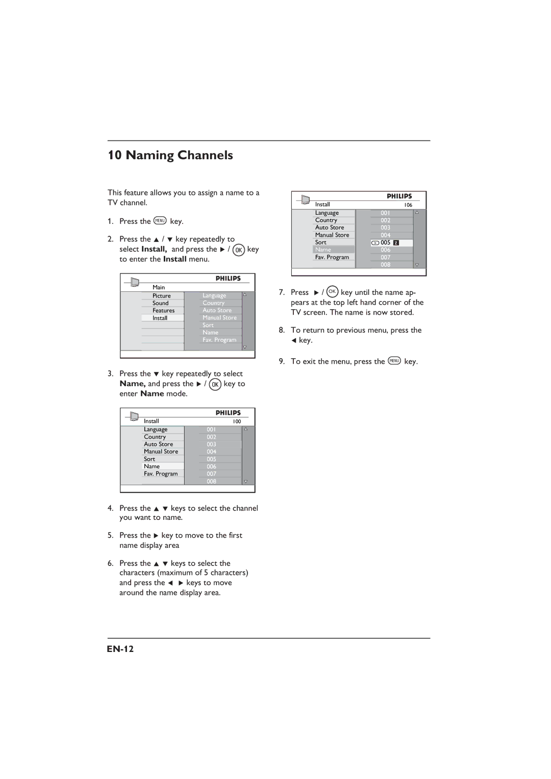 Philips 32PFL3312S, 26PFL5322S, 26PFL3312S, 32PFL5332S user manual Naming Channels, EN-12 