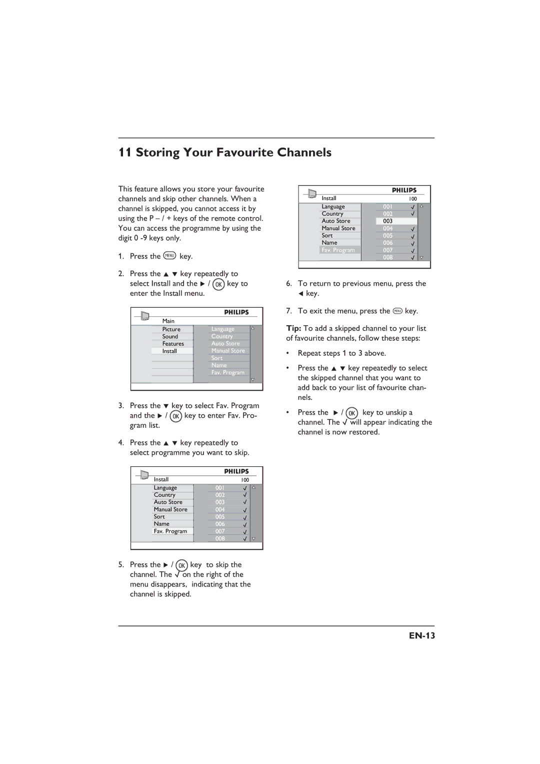 Philips 26PFL5322S, 32PFL3312S, 26PFL3312S, 32PFL5332S user manual Storing Your Favourite Channels, EN-13 