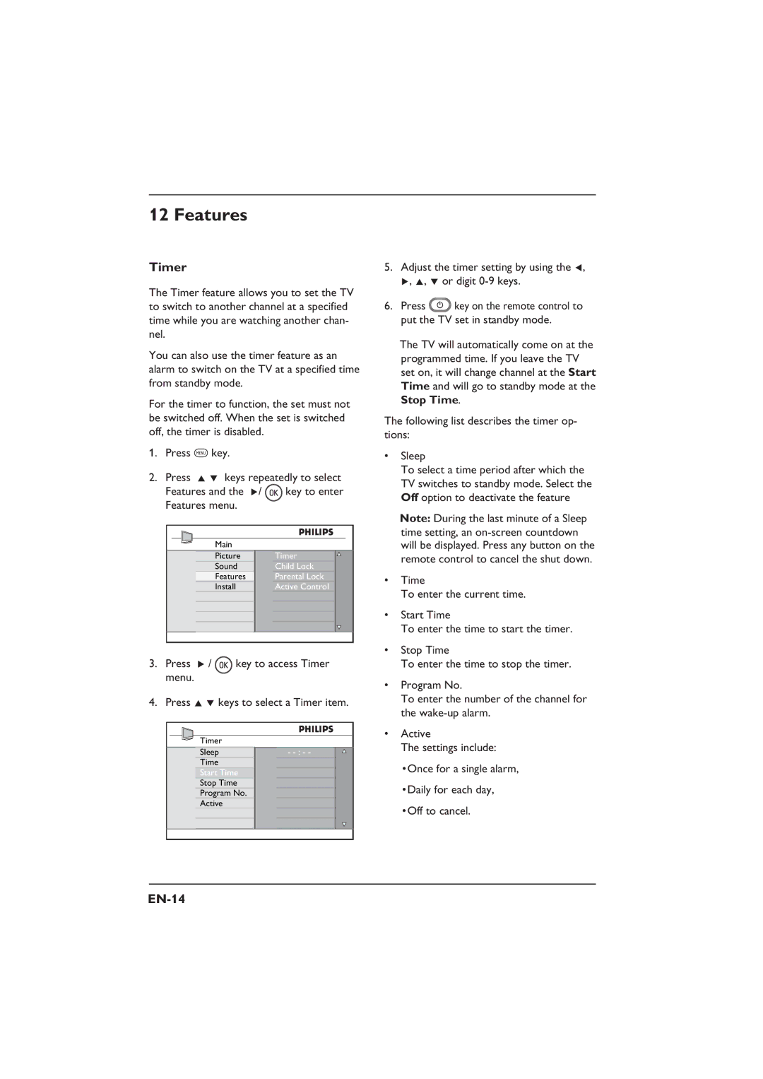 Philips 26PFL3312S, 32PFL3312S, 26PFL5322S, 32PFL5332S user manual Features, Timer, EN-14 