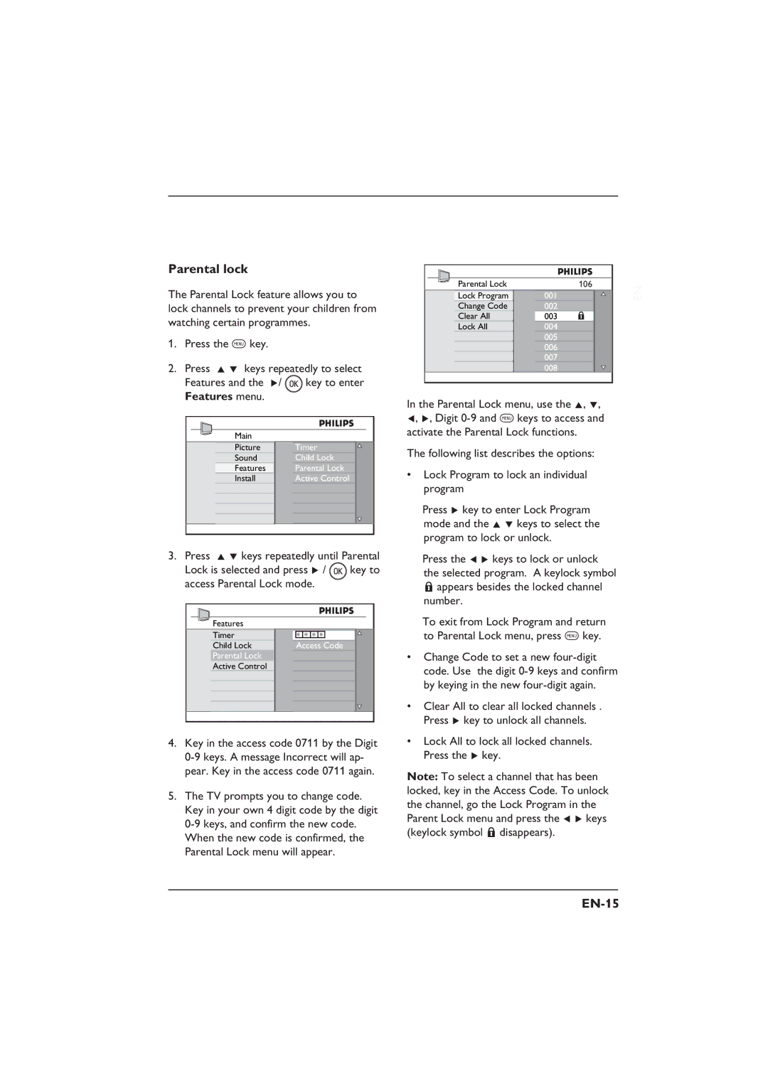 Philips 32PFL5332S, 32PFL3312S, 26PFL5322S, 26PFL3312S Parental lock, EN-15, + appears besides the locked channel number 
