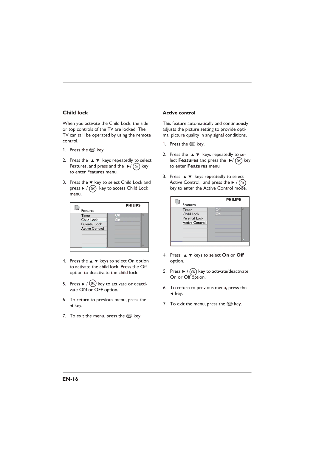 Philips 32PFL3312S, 26PFL5322S, 26PFL3312S, 32PFL5332S user manual Child lock, EN-16, Active control 