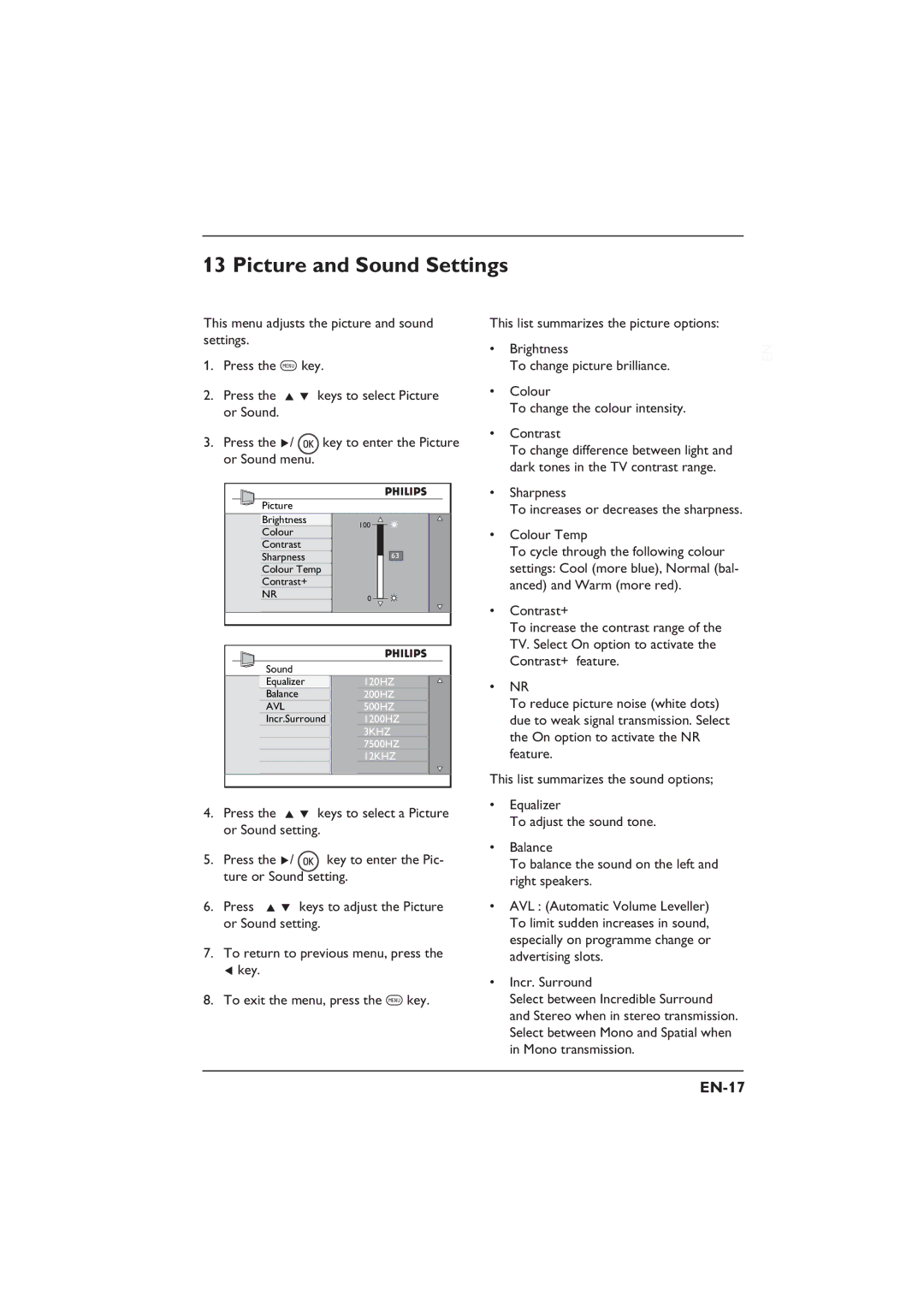 Philips 26PFL5322S, 32PFL3312S, 26PFL3312S, 32PFL5332S Picture and Sound Settings, EN-17, Sharpness, Incr. Surround 