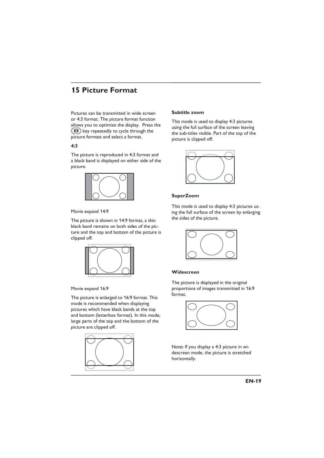 Philips 32PFL5332S, 32PFL3312S, 26PFL5322S, 26PFL3312S user manual Picture Format, EN-19, Subtitle zoom, SuperZoom, Widescreen 