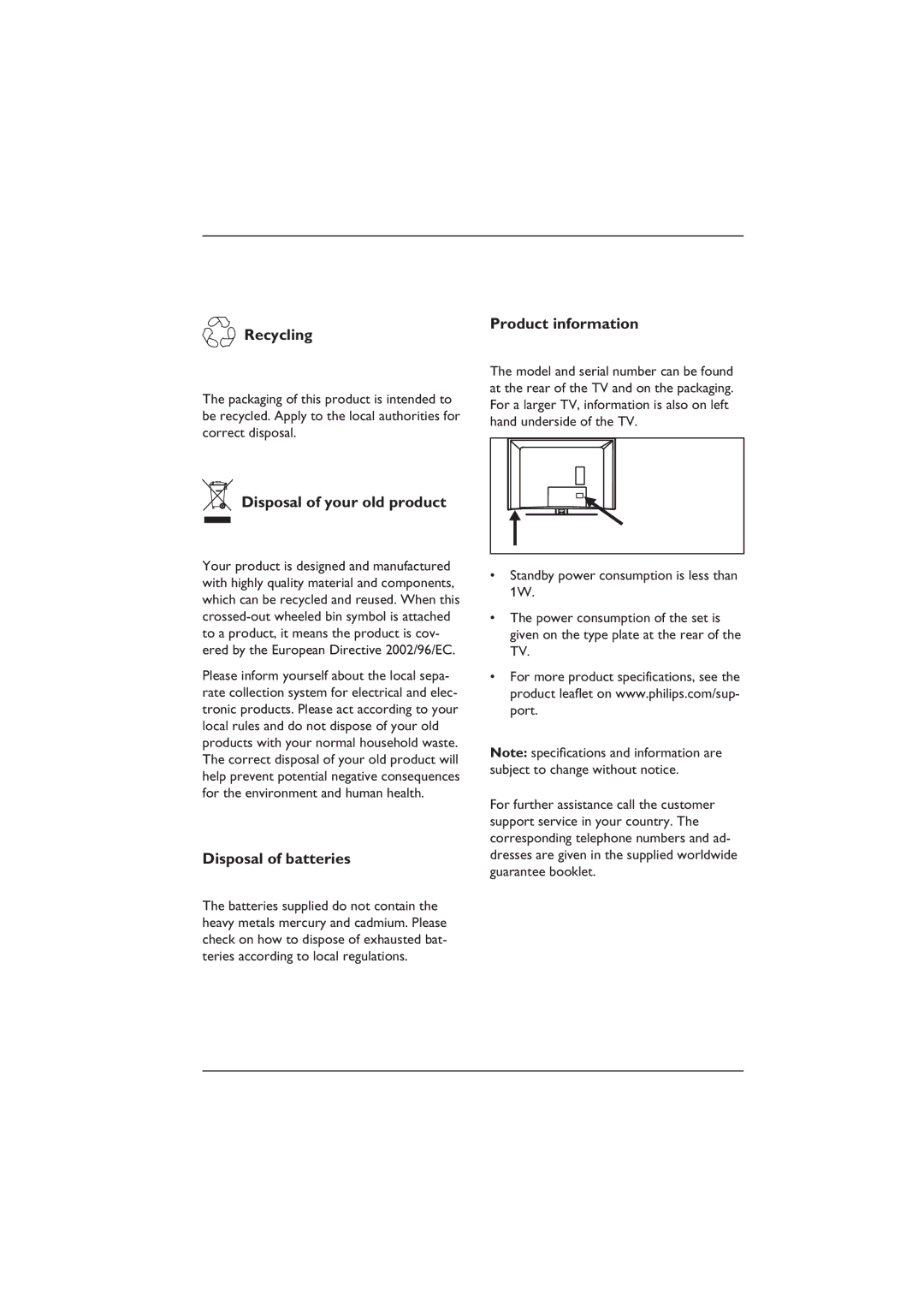 Philips 32PFL5332S, 32PFL3312S Recycling Product information, Disposal of your old product, Disposal of batteries 