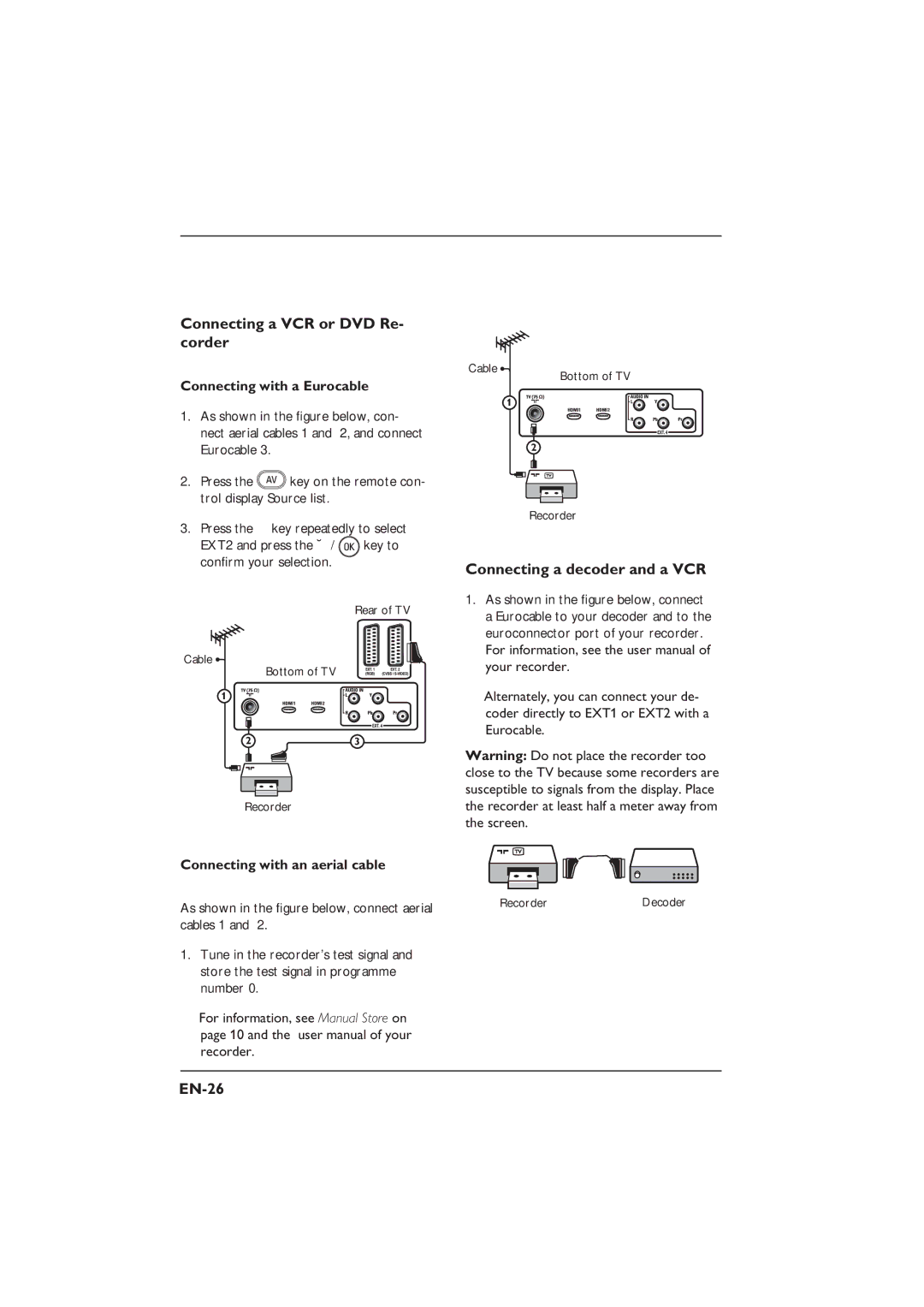 Philips 26PFL3312S Connecting a VCR or DVD Re- corder, Connecting a decoder and a VCR, EN-26, Connecting with a Eurocable 