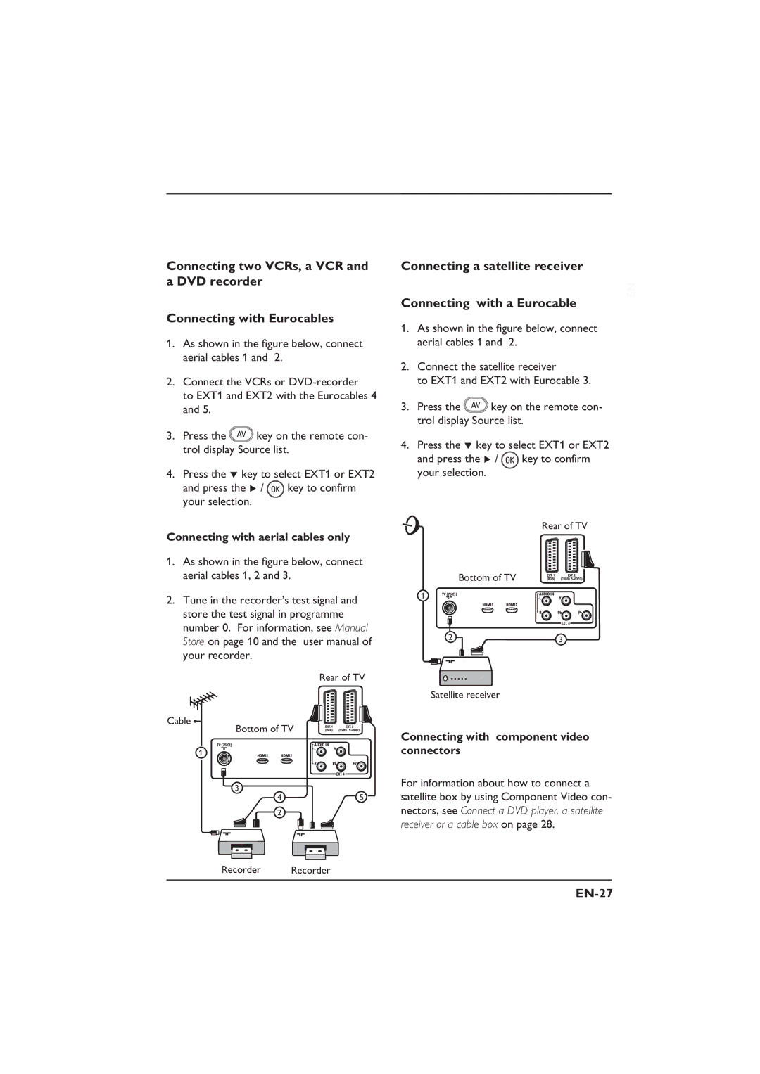 Philips 32PFL5332S Connecting a satellite receiver Connecting with a Eurocable, EN-27, Connecting with aerial cables only 