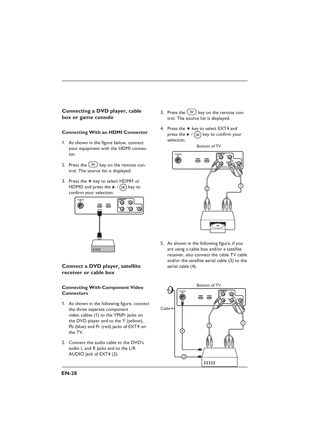 Philips 32PFL3312S user manual Connecting a DVD player, cable box or game console, EN-28, Connecting With an Hdmi Connector 