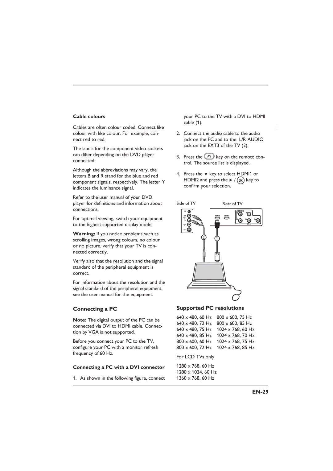 Philips 26PFL5322S, 32PFL3312S Supported PC resolutions, EN-29, Cable colours, Connecting a PC with a DVI connector 