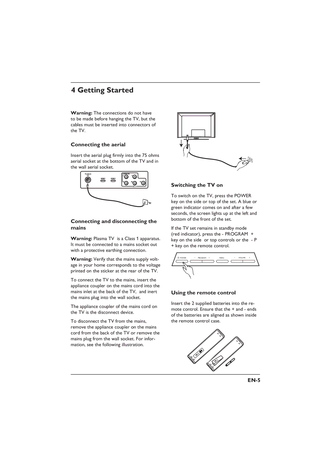 Philips 26PFL5322S Getting Started, Connecting and disconnecting the mains, Switching the TV on, Using the remote control 