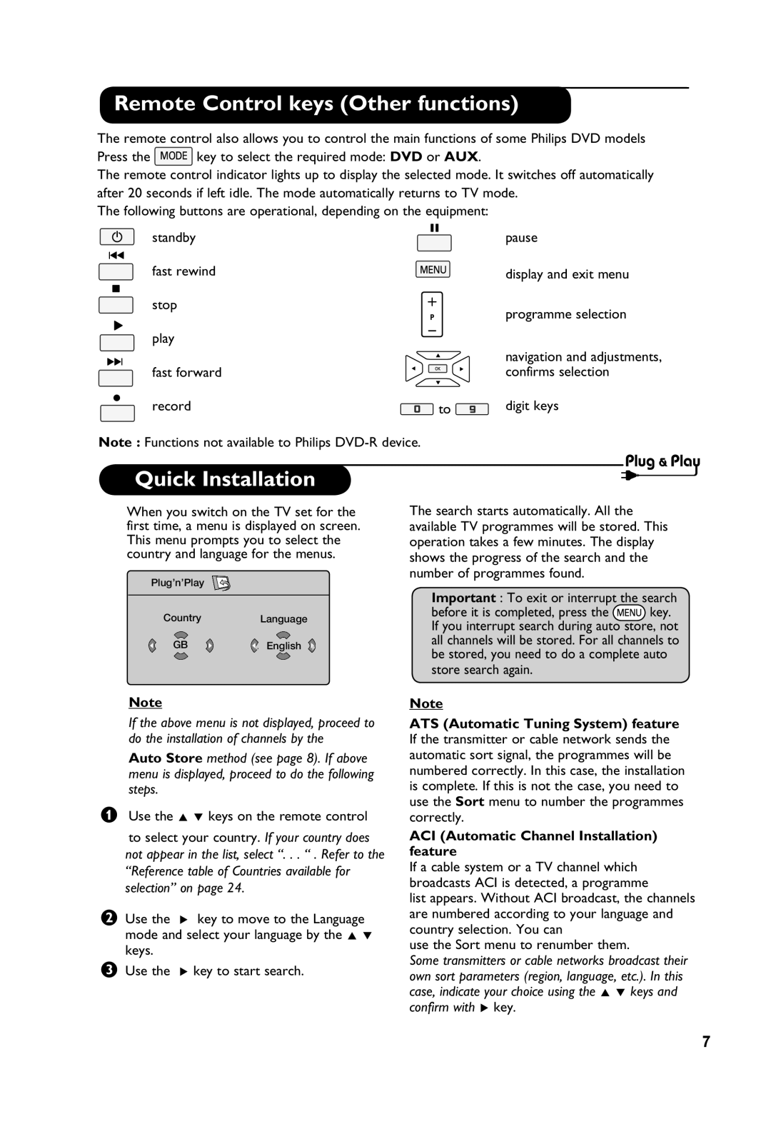 Philips 32PFL3321S user manual Remote Control keys Other functions, Quick Installation 