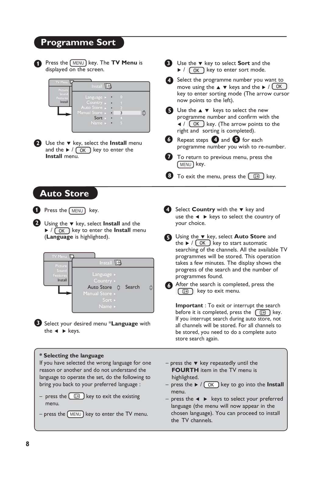 Philips 32PFL3321S user manual Programme Sort, Auto Store, Install menu, Selecting the language 