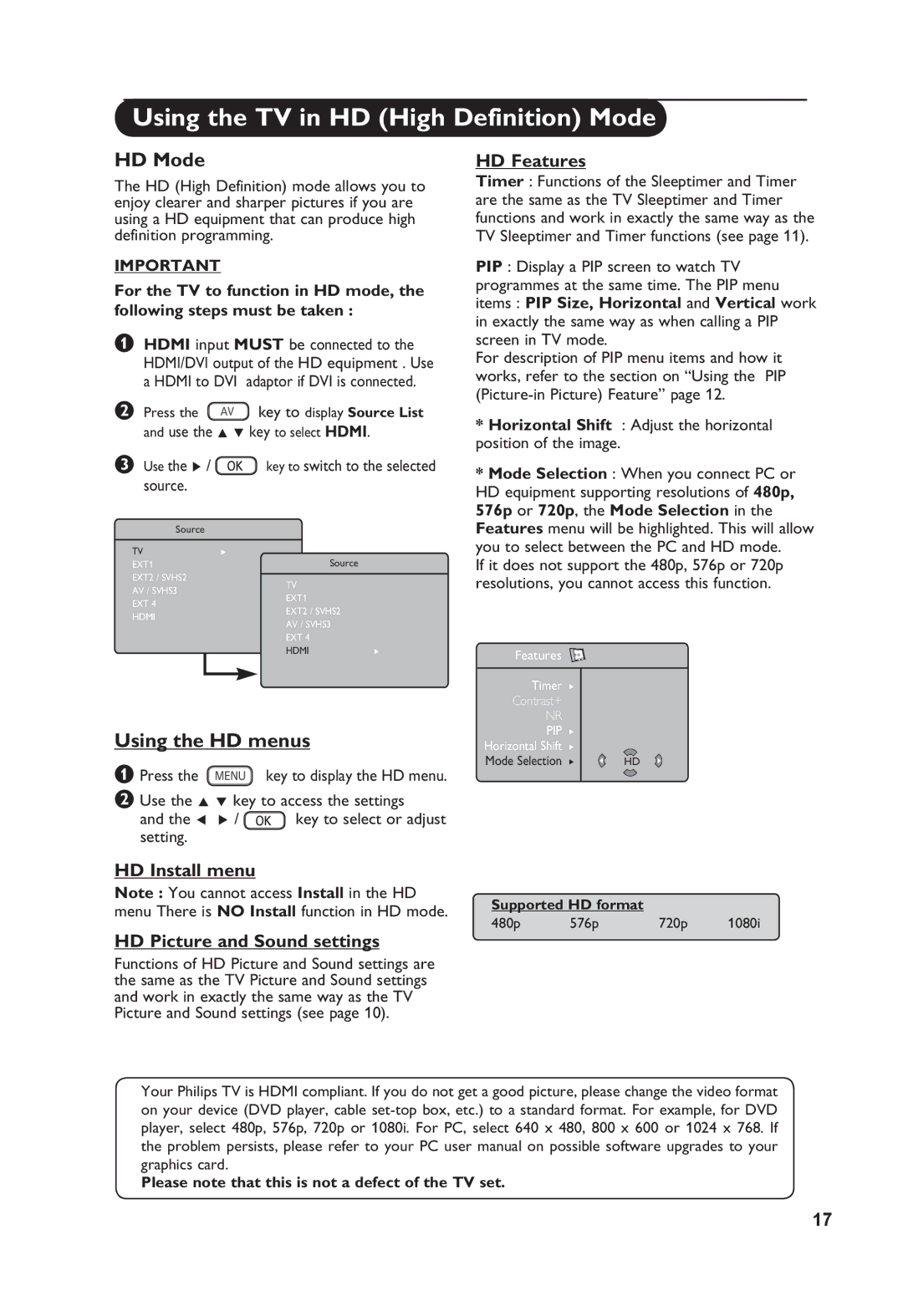 Philips 32PFL3321S user manual Using the TV in HD High Definition Mode, Use the Î ï key to access the settings Í Æ, Setting 