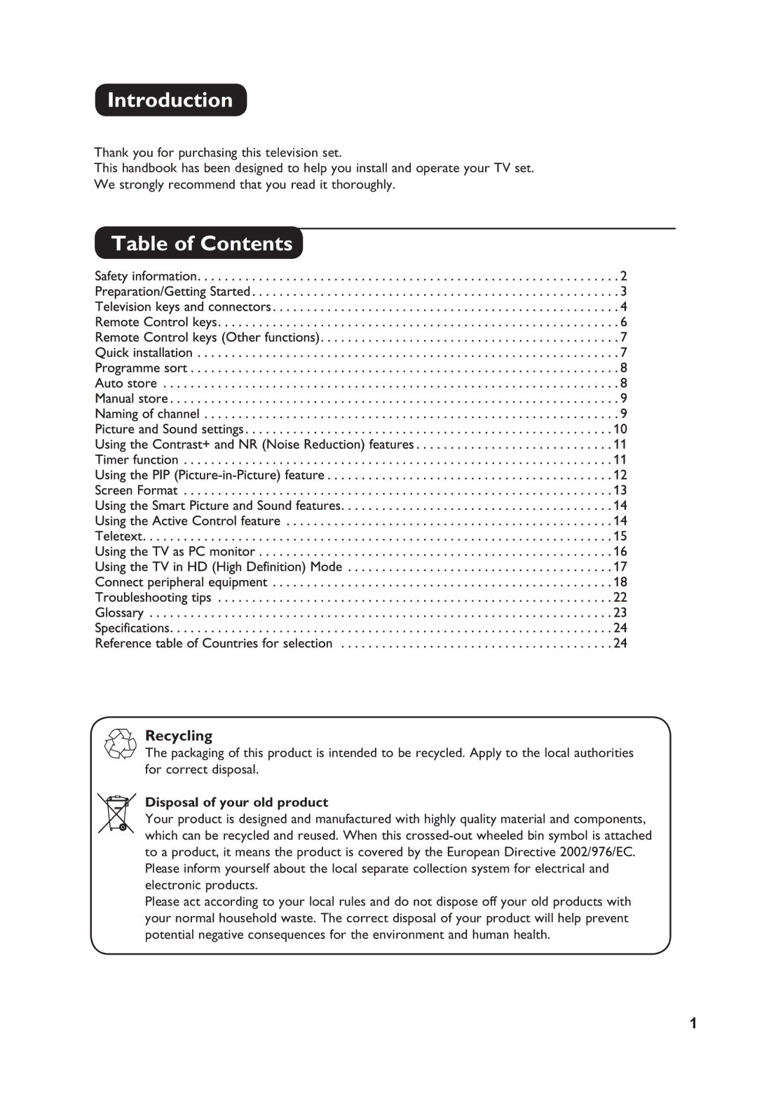 Philips 32PFL3321S user manual Introduction, Table of Contents 