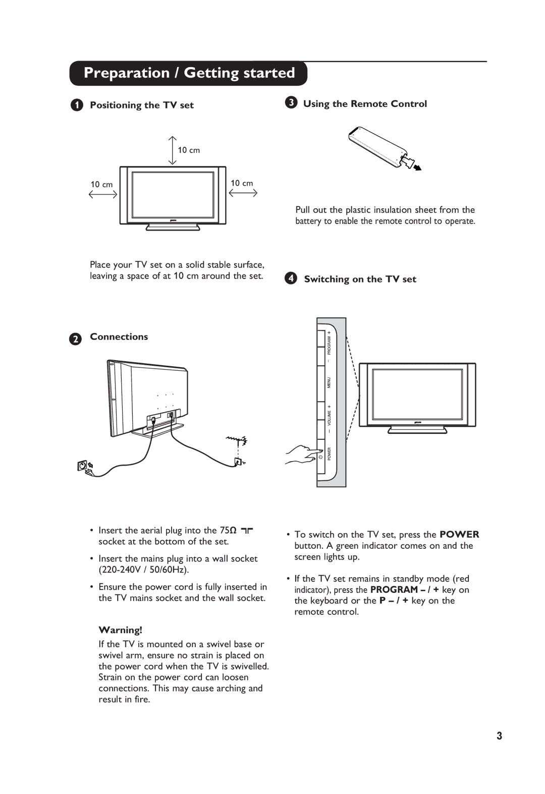 Philips 32PFL3321S user manual Preparation / Getting started, Switching on the TV set, Connections 