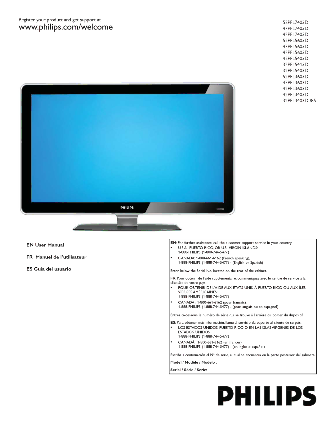 Philips 52PFL7403D user manual Register your product and get support at, FR Manuel de l’utilisateur ES Guía del usuario 