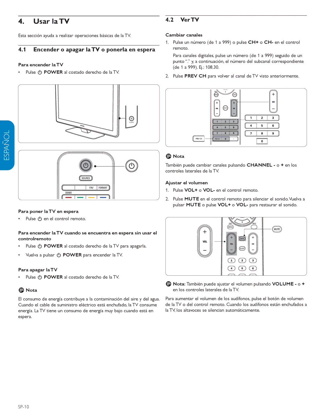 Philips 52PFL3603D, 32PFL3403D, 52PFL7403D, 52PFL5603D, 615 Usar la TV, Encender o apagar la TV o ponerla en espera, Ver TV 