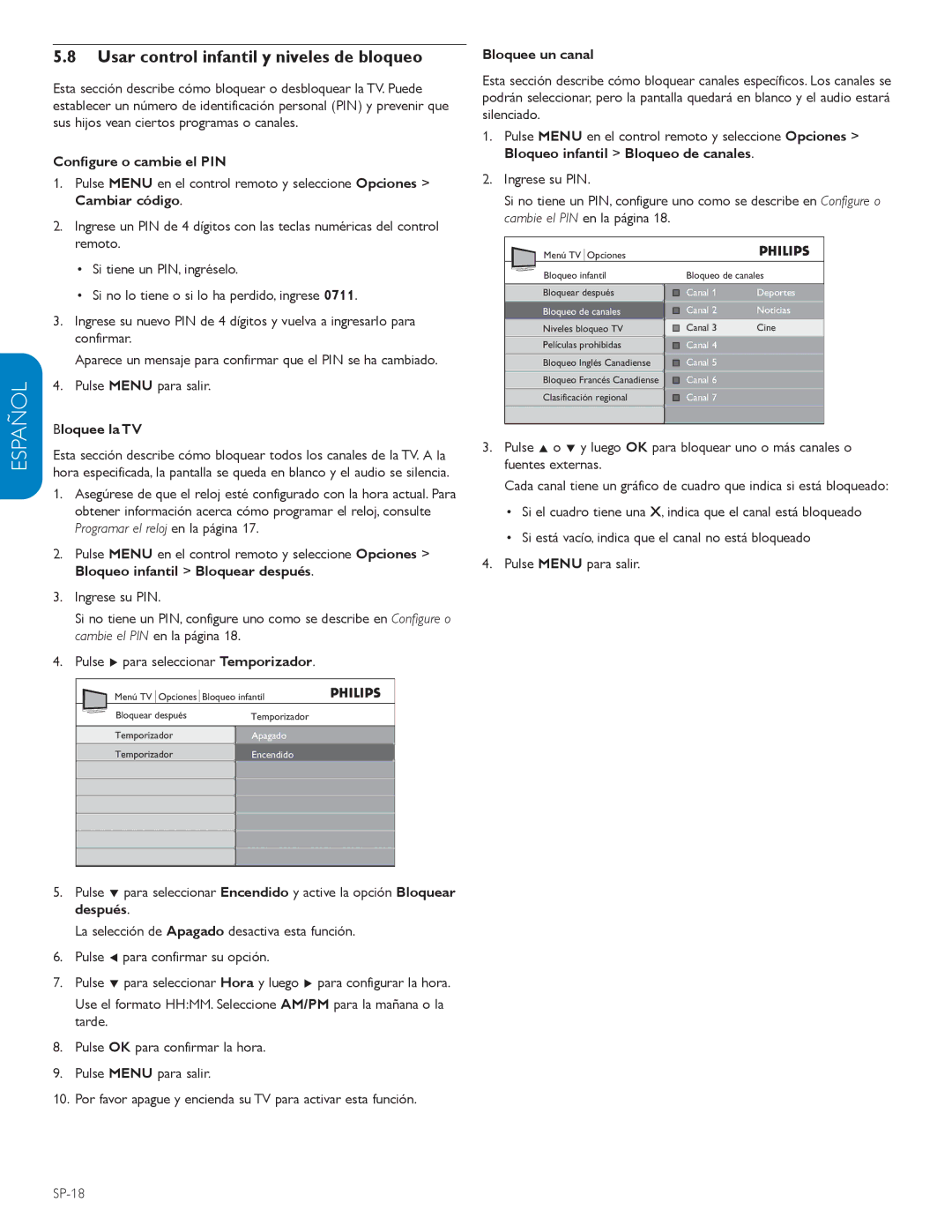 Philips 32PFL5413D Usar control infantil y niveles de bloqueo, Conﬁgure o cambie el PIN, Bloquee la TV, Bloquee un canal 