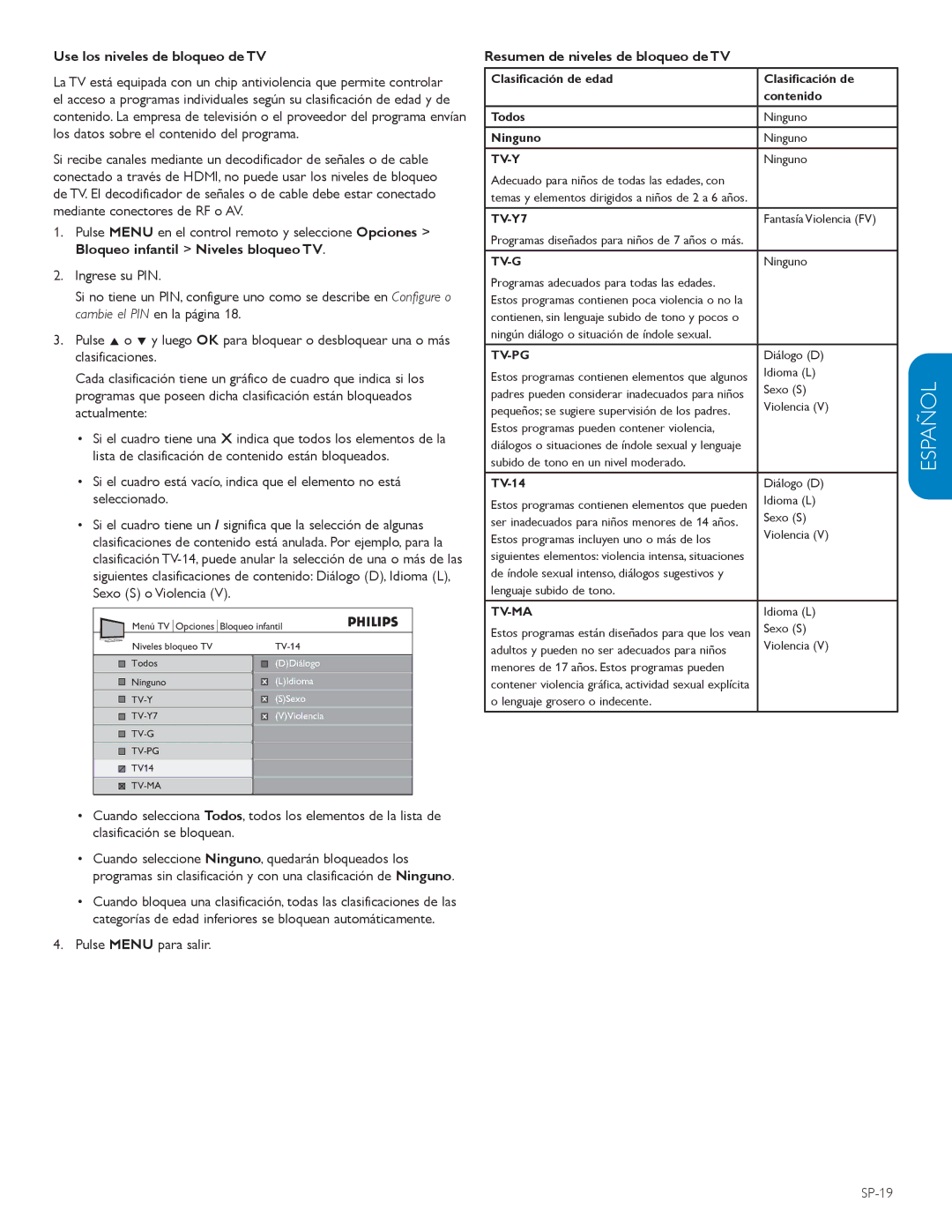 Philips 32PFL5403D, 32PFL3403D, 52PFL7403D, 615 Use los niveles de bloqueo de TV, Resumen de niveles de bloqueo de TV, SP-19 