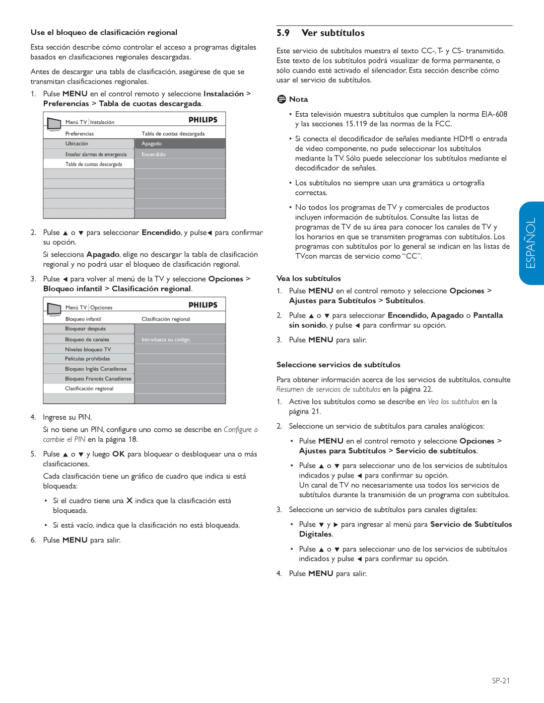 Philips 42PFL3403D, 32PFL3403D, 615 Ver subtítulos, Use el bloqueo de clasiﬁcación regional, Vea los subtítulos, SP-21 