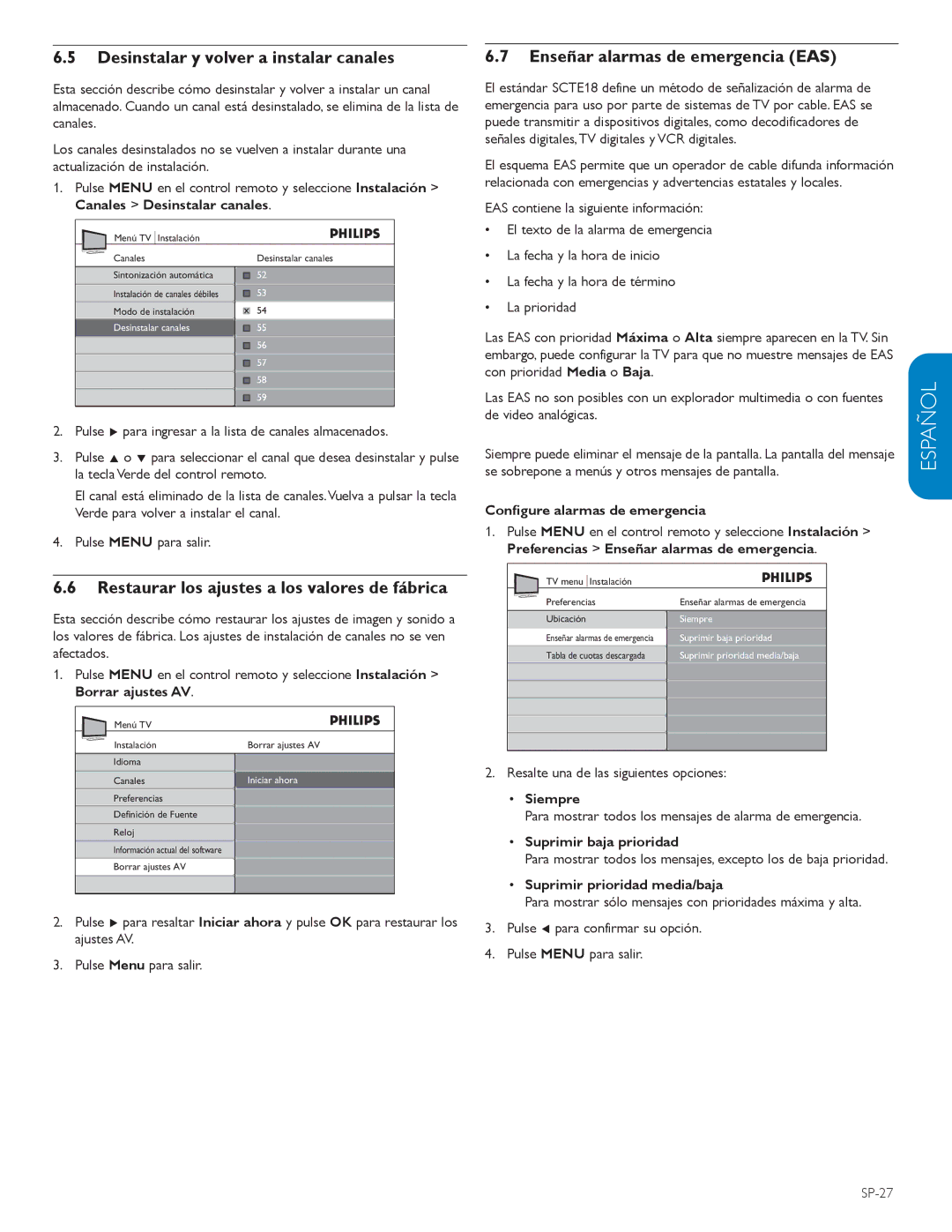 Philips 52PFL5603D, 32PFL3403D, 615 Desinstalar y volver a instalar canales, Restaurar los ajustes a los valores de fábrica 