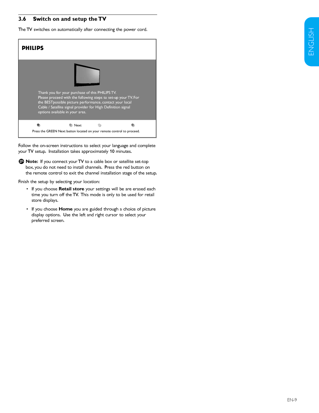 Philips 32PFL3403D /85 user manual Switch on and setup the TV 