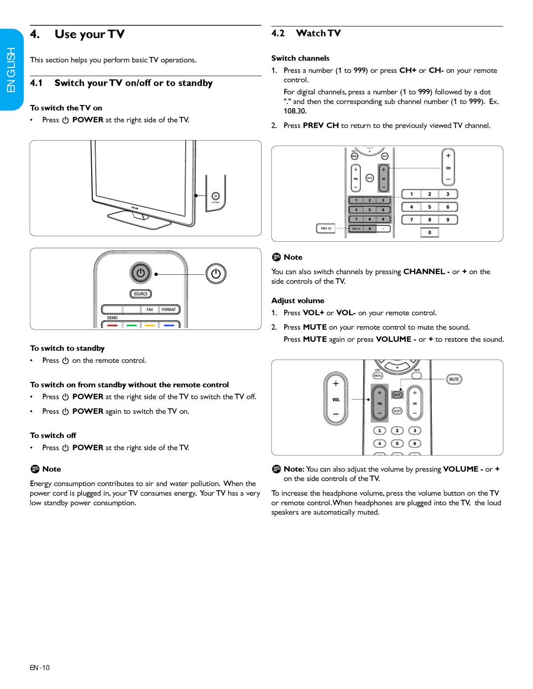 Philips 32PFL3403D /85 user manual Use your TV, Switch your TV on/off or to standby, Watch TV 