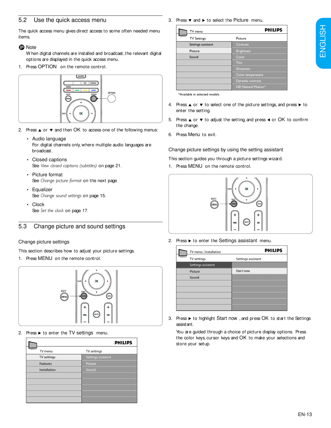 Philips 32PFL3403D /85 user manual Use the quick access menu, Change picture and sound settings 