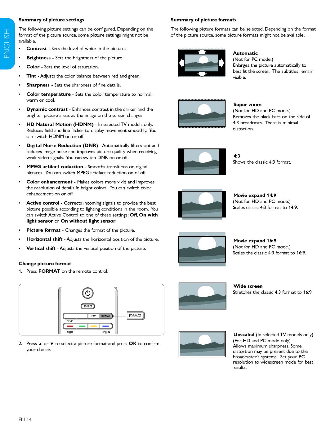 Philips 32PFL3403D /85 Summary of picture settings, Change picture format, Summary of picture formats, Automatic 