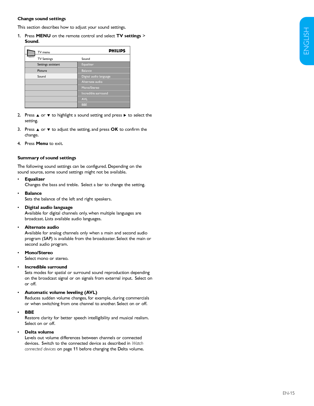 Philips 32PFL3403D /85 Change sound settings, Summary of sound settings, Balance, Digital audio language, Alternate audio 