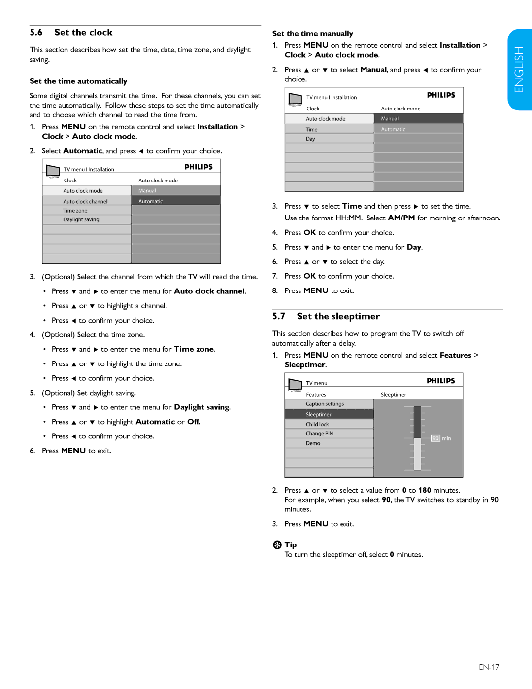 Philips 32PFL3403D /85 user manual Set the clock, Set the sleeptimer 