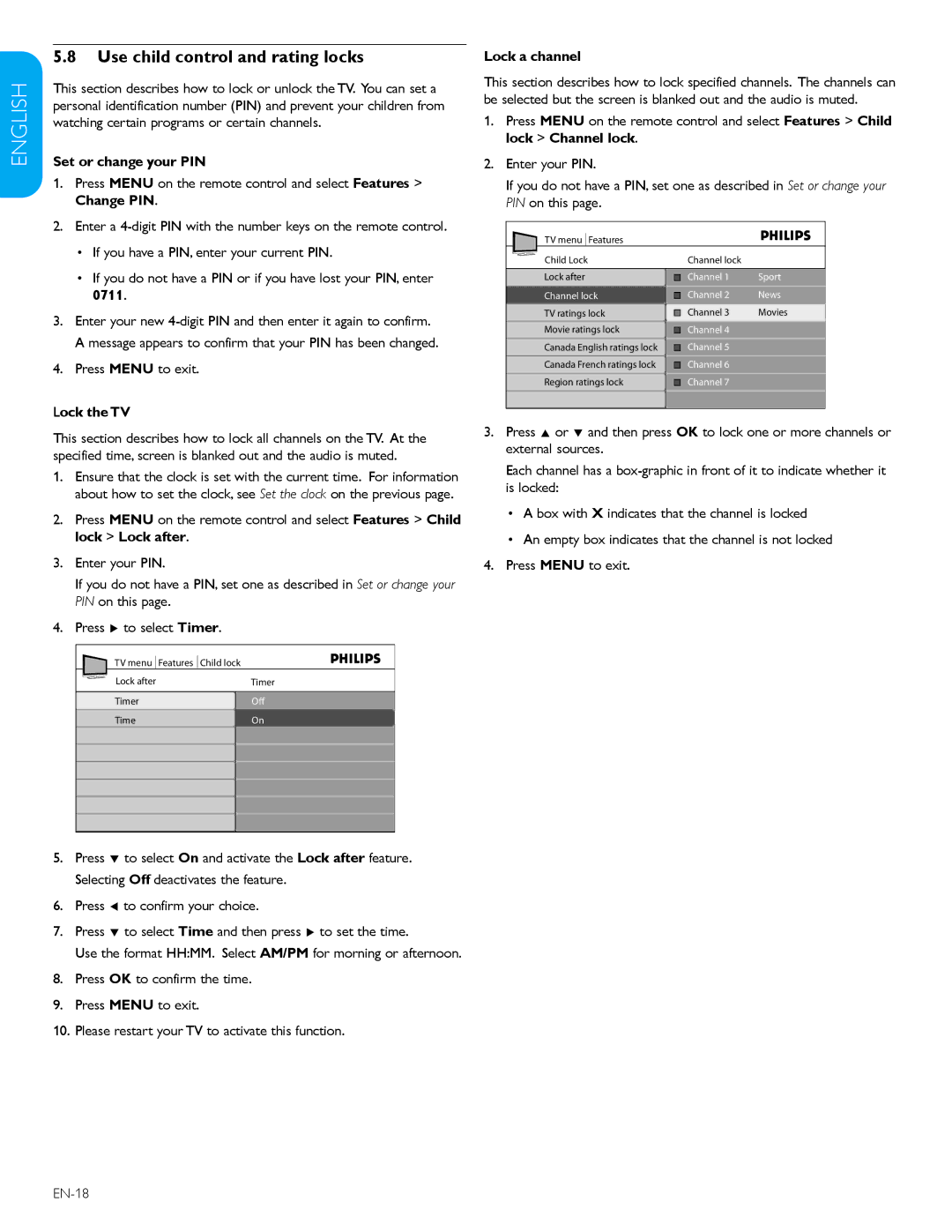 Philips 32PFL3403D /85 user manual Use child control and rating locks, Set or change your PIN, Lock the TV, Lock a channel 