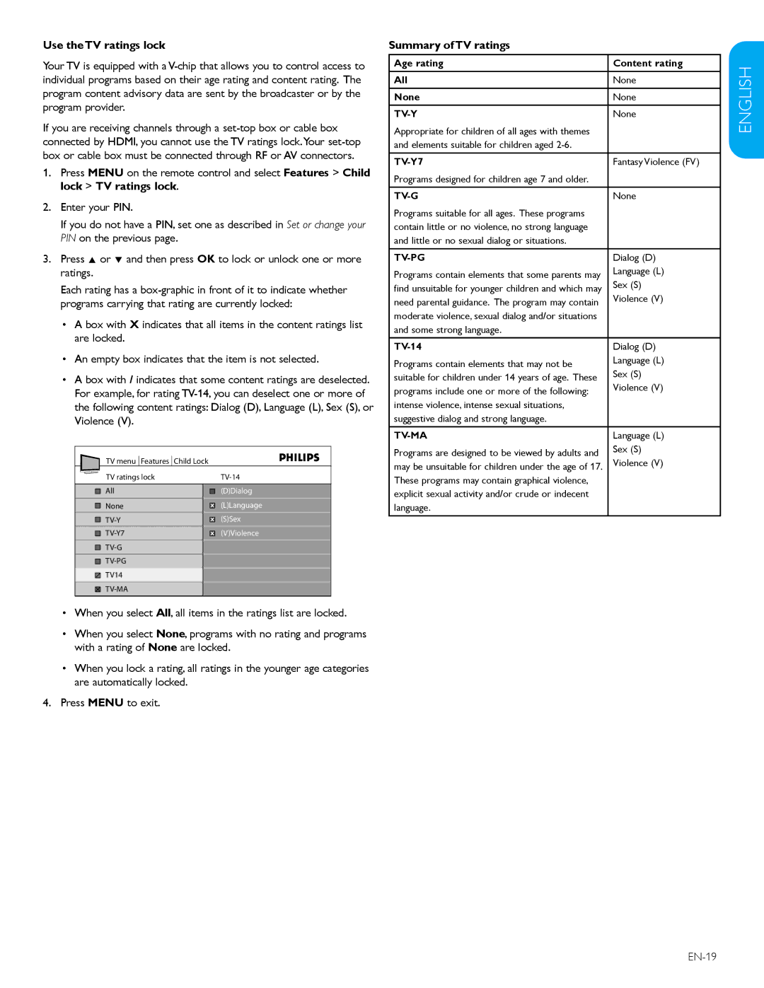 Philips 32PFL3403D /85 user manual Use the TV ratings lock, Summary of TV ratings 