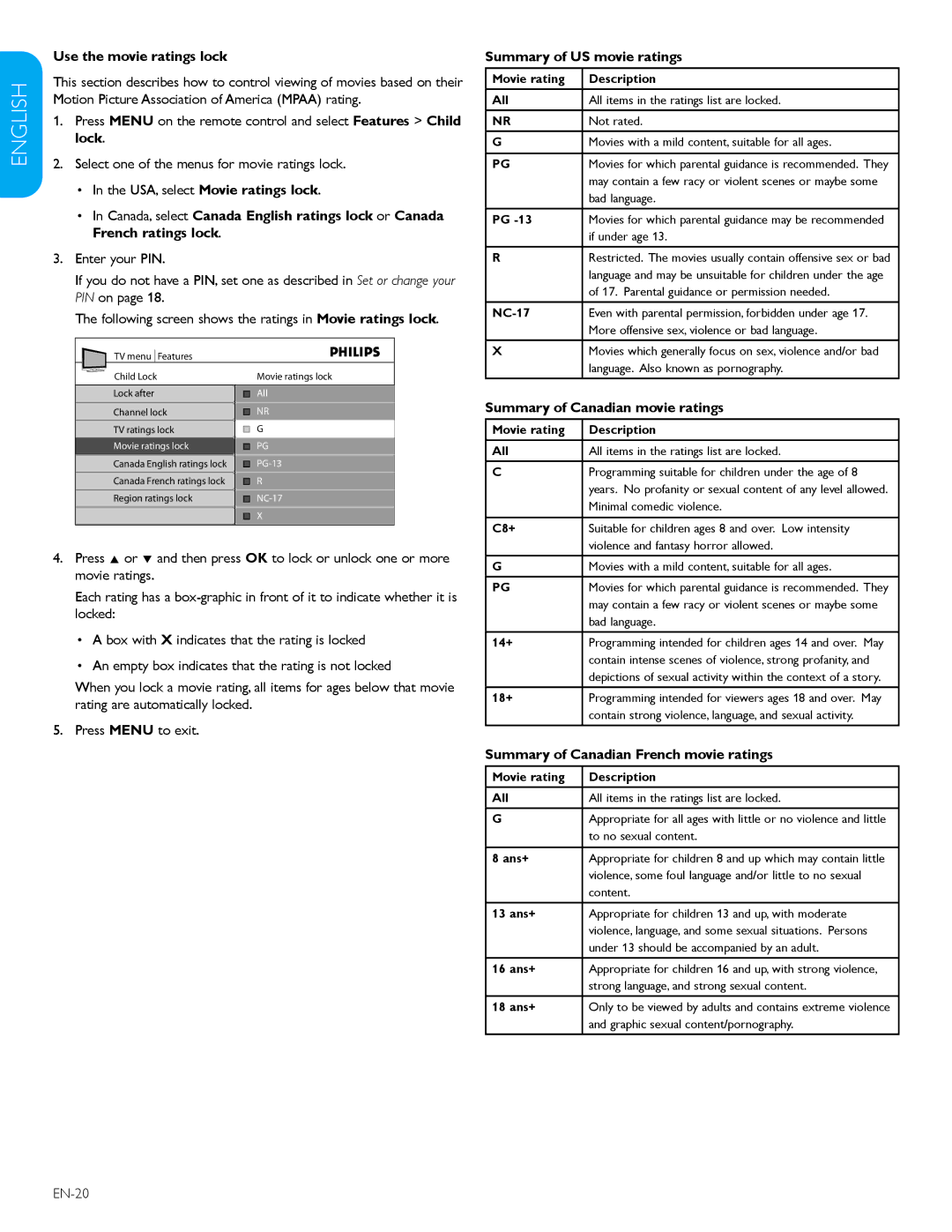 Philips 32PFL3403D /85 Use the movie ratings lock, Summary of US movie ratings, Summary of Canadian movie ratings 