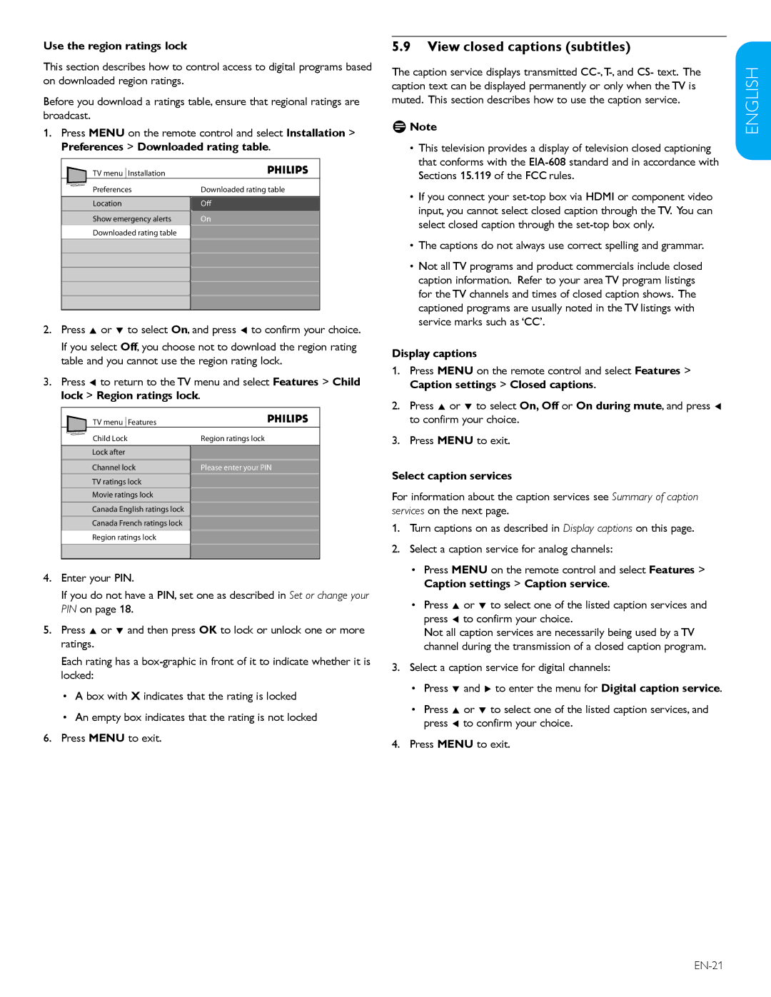 Philips 32PFL3403D /85 user manual View closed captions subtitles, Use the region ratings lock, Display captions 