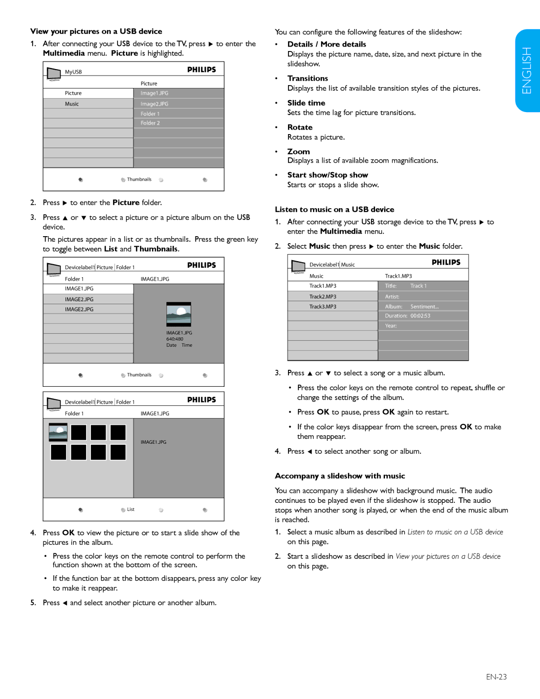 Philips 32PFL3403D /85 View your pictures on a USB device, Details / More details, Transitions, Slide time, Rotate, Zoom 