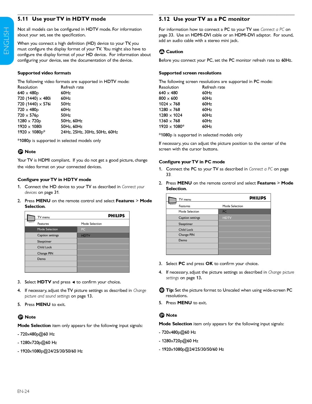 Philips 32PFL3403D /85 user manual Use your TV in Hdtv mode, Use your TV as a PC monitor 