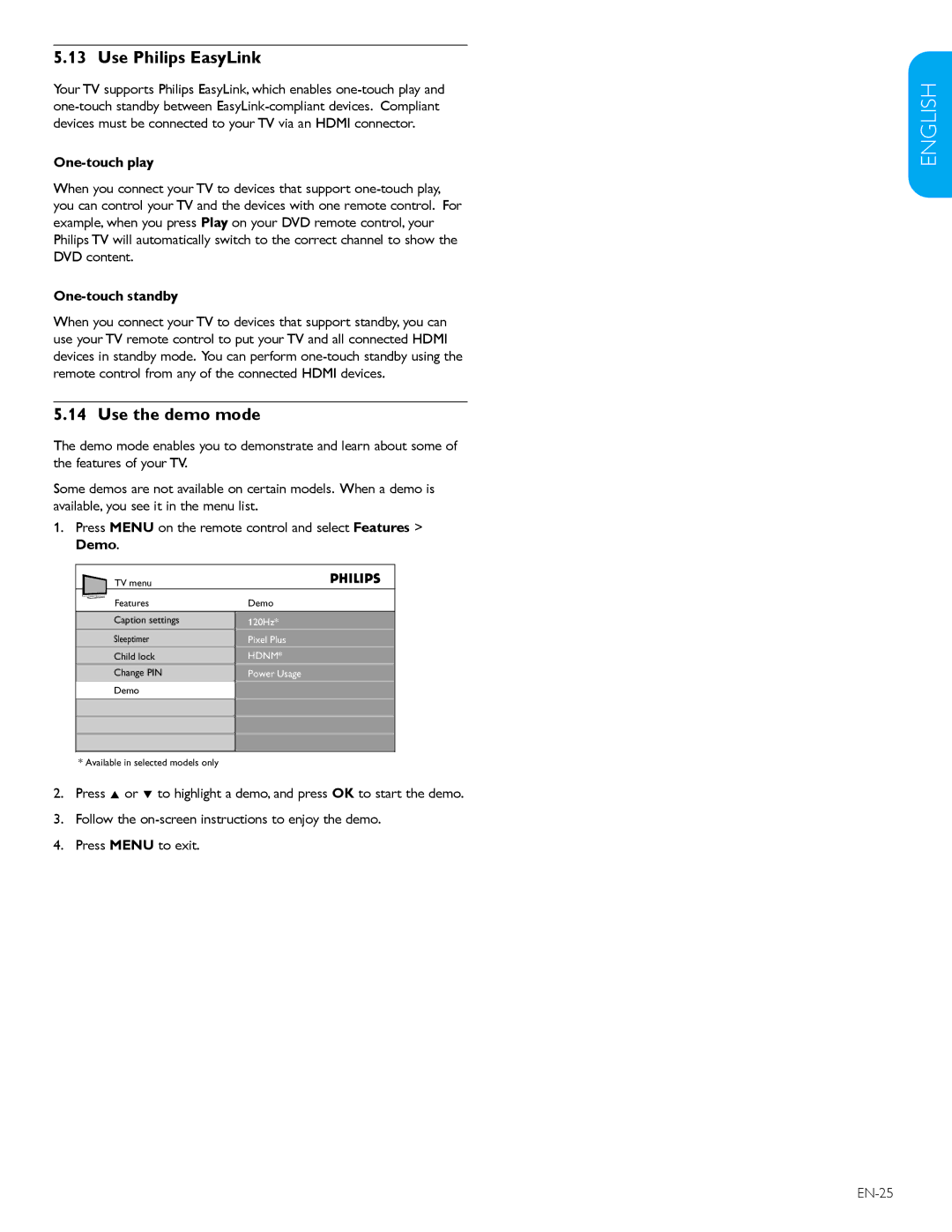 Philips 32PFL3403D /85 user manual Use Philips EasyLink, Use the demo mode, One-touch play, One-touch standby 