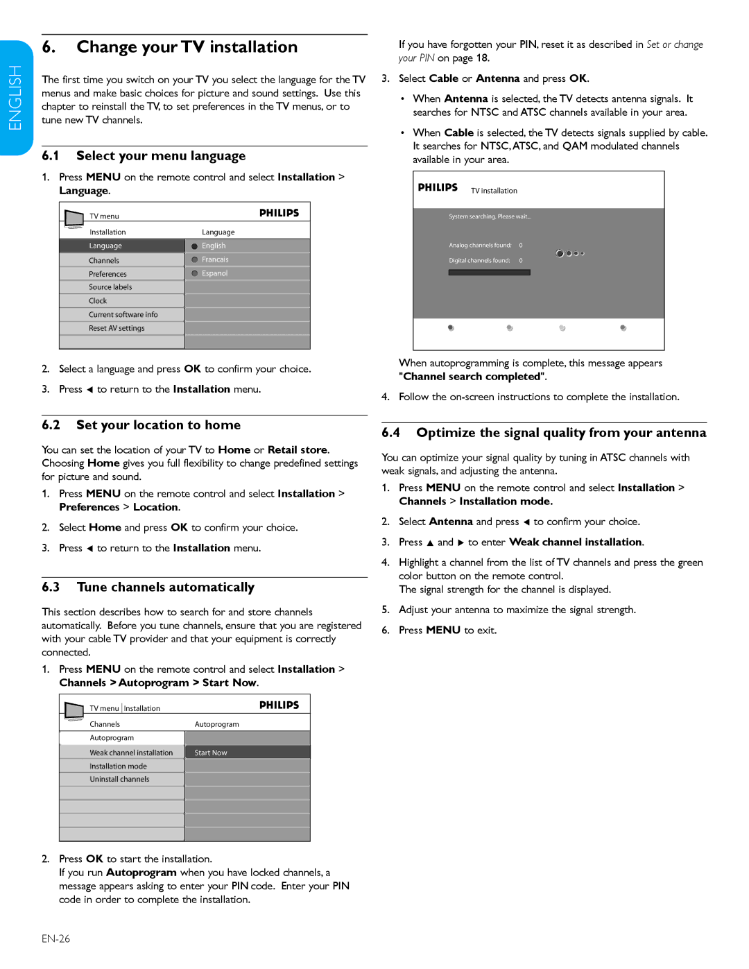 Philips 32PFL3403D /85 user manual Change your TV installation, Select your menu language, Set your location to home 