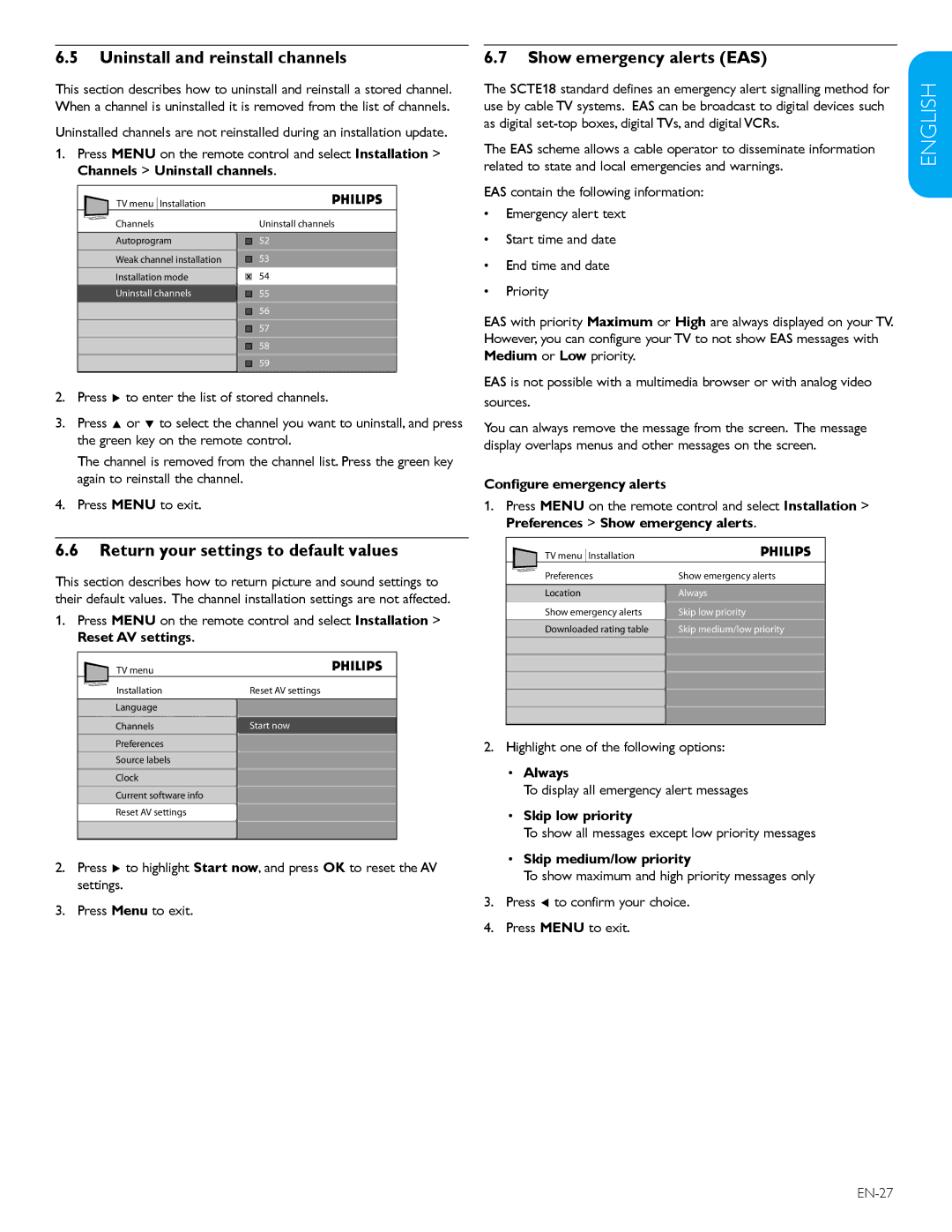 Philips 32PFL3403D /85 Uninstall and reinstall channels, Return your settings to default values, Show emergency alerts EAS 