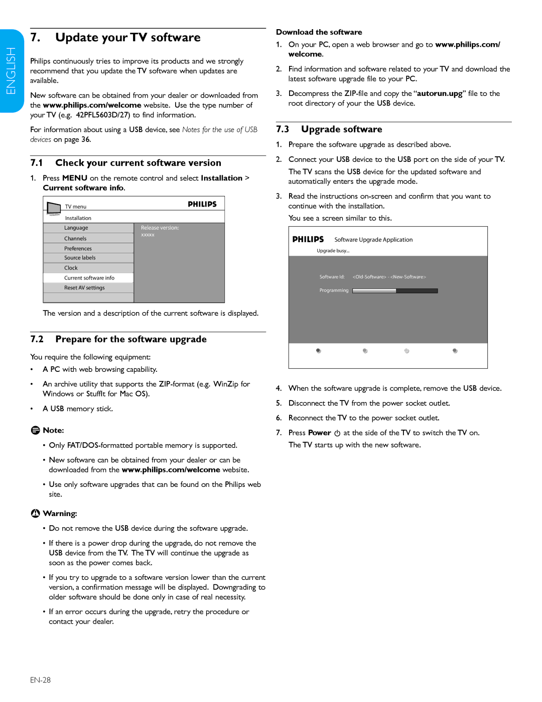 Philips 32PFL3403D /85 Update your TV software, Check your current software version, Prepare for the software upgrade 