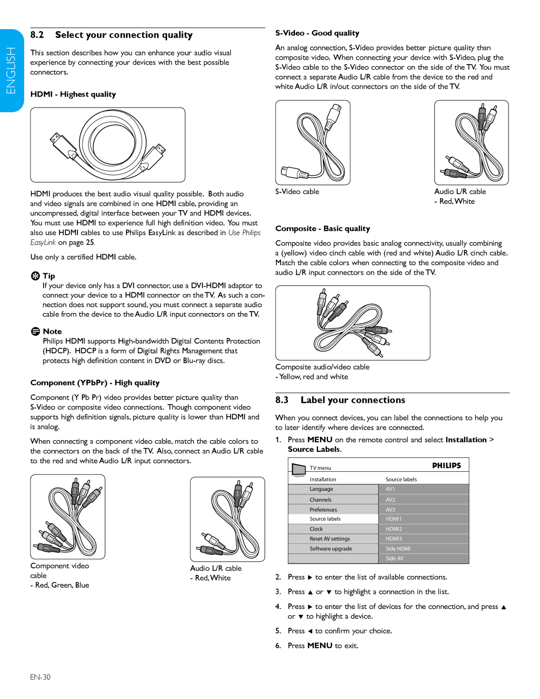 Philips 32PFL3403D /85 user manual Select your connection quality, Label your connections 