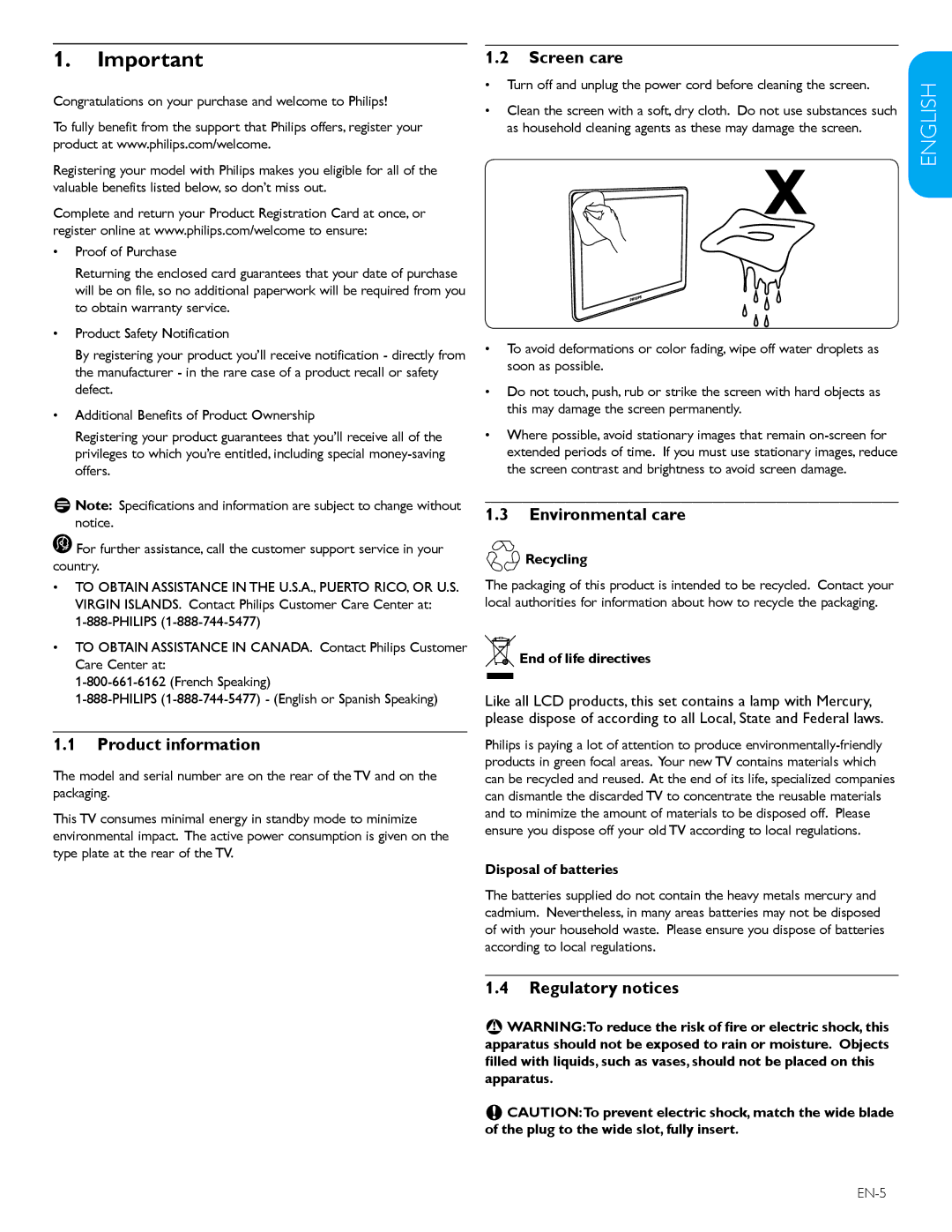 Philips 32PFL3403D /85 user manual Product information, Screen care, Environmental care, Regulatory notices 