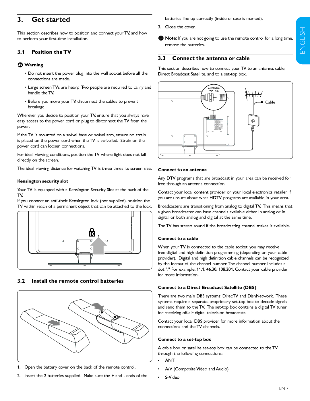 Philips 32PFL3403D /85 Get started, Position the TV, Install the remote control batteries, Connect the antenna or cable 