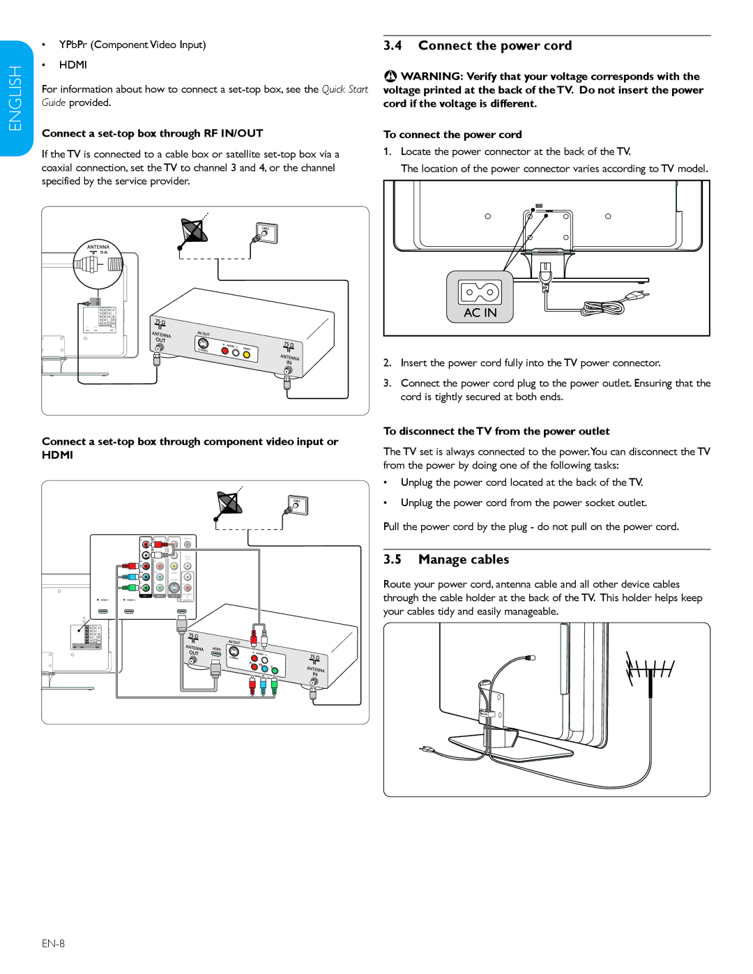 Philips 32PFL3403D /85 user manual Connect the power cord, Manage cables 