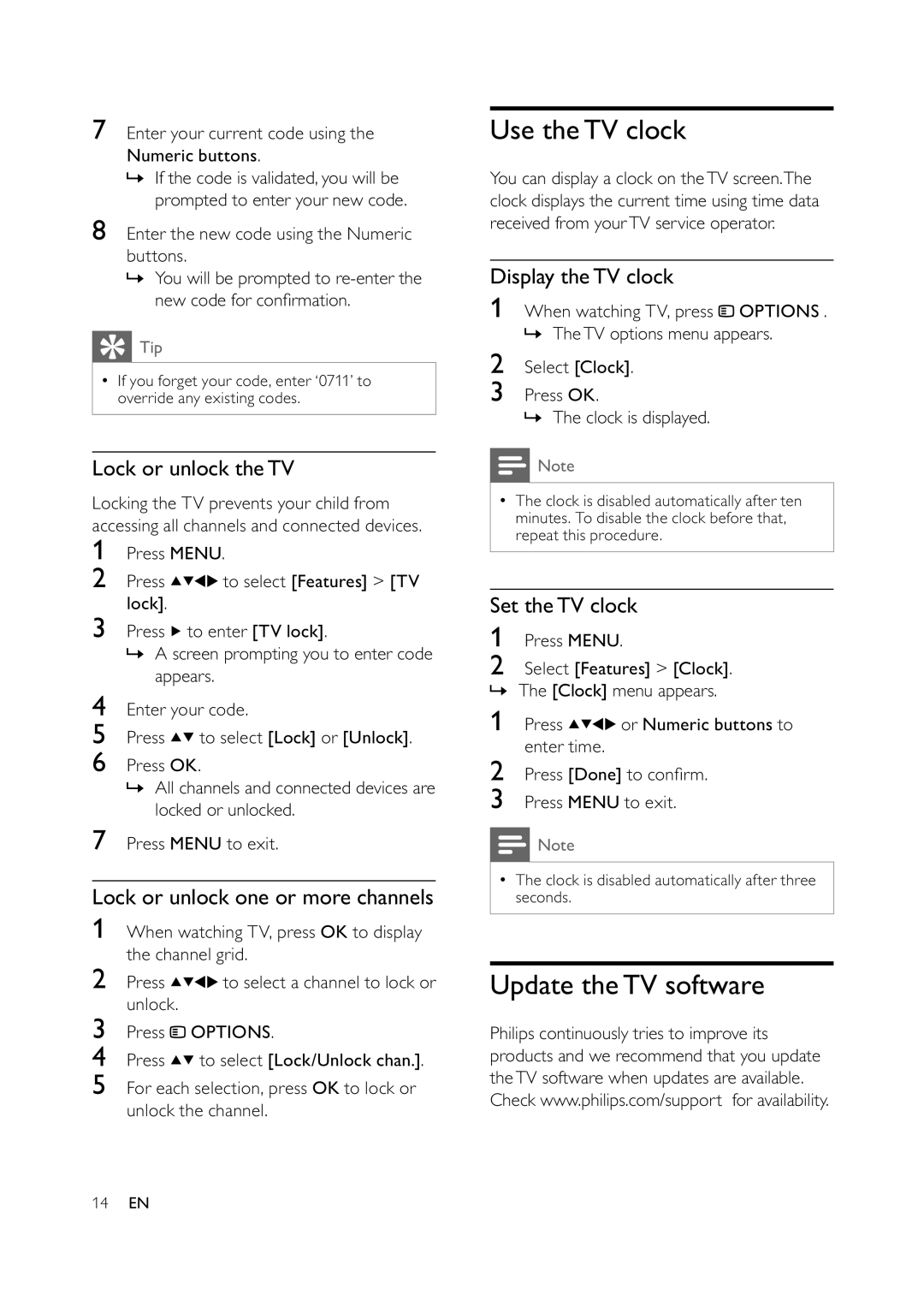 Philips 42PFL3604/77, 32PFL3404/78, 32PFL3404/77, 42PFL3604/78 user manual Use theTV clock, Update theTV software 