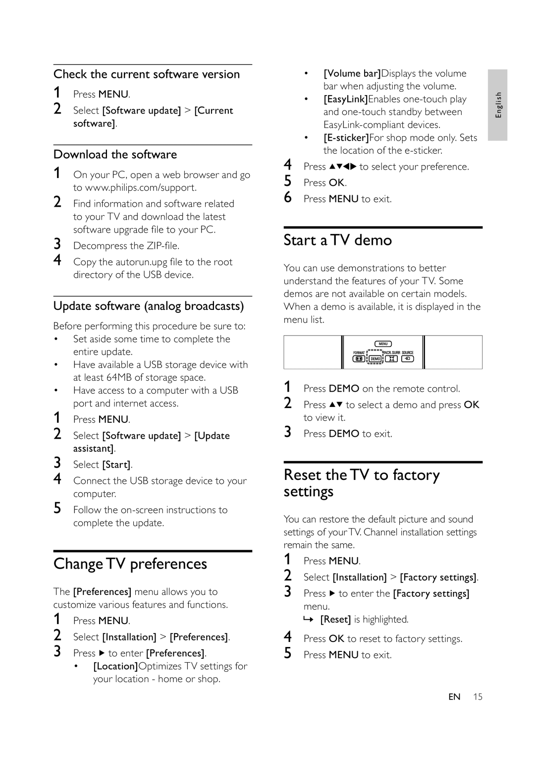 Philips 42PFL3604/78, 32PFL3404/78, 32PFL3404/77 ChangeTV preferences, Start aTV demo, Reset theTV to factory settings 