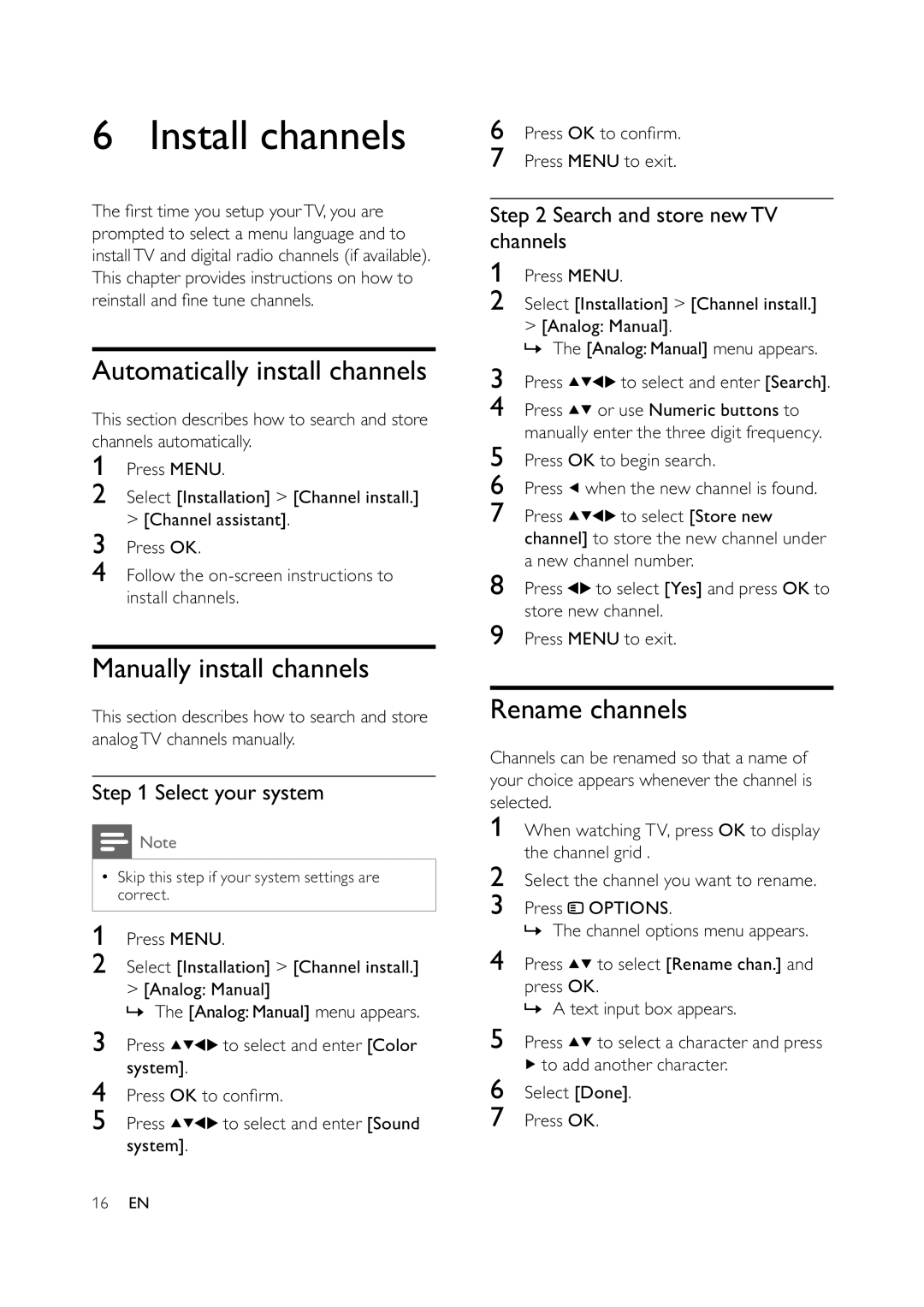 Philips 32PFL3404/78 Install channels, Automatically install channels, Manually install channels, Rename channels 