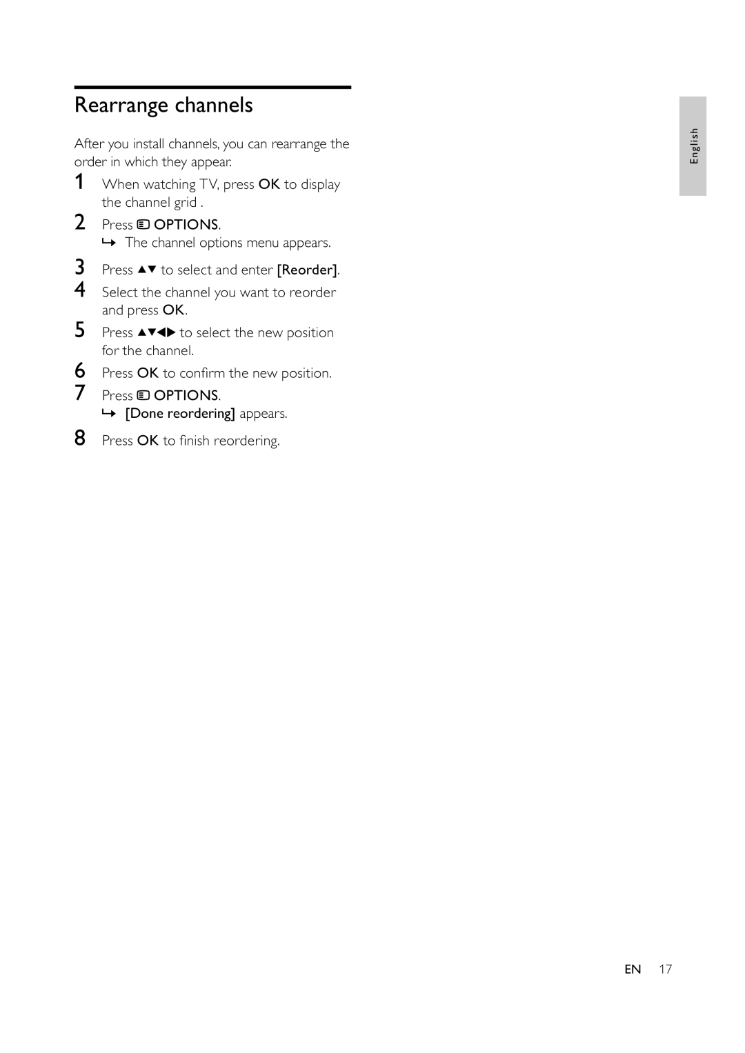 Philips 32PFL3404/77, 32PFL3404/78, 42PFL3604/77, 42PFL3604/78 user manual Rearrange channels 