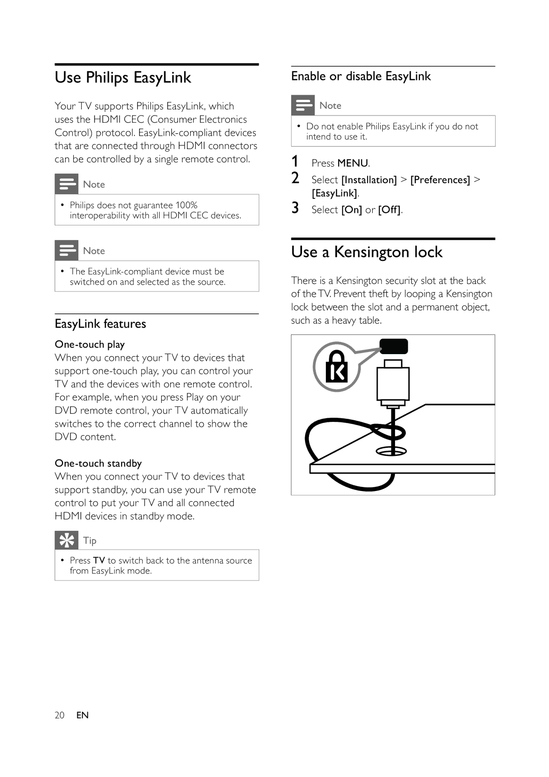 Philips 32PFL3404/78 user manual Use Philips EasyLink, Use a Kensington lock, EasyLink features, Enable or disable EasyLink 